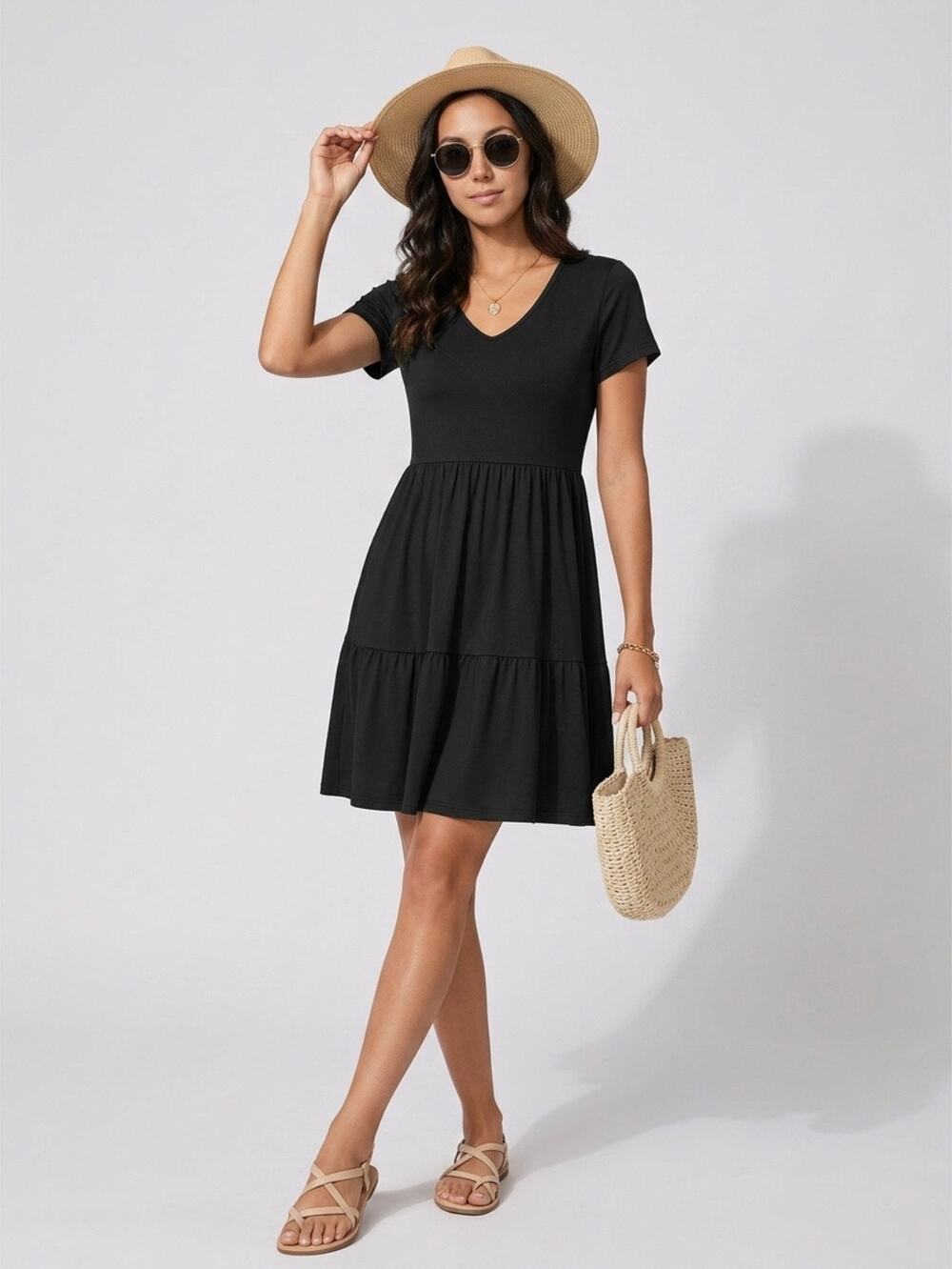 AUSELILLY NWT Black Tiered Dress Small V-Neck Pockets